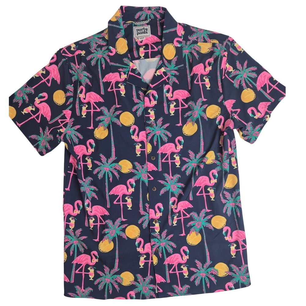 Party Pants Mens Medium Navy Blue Flamingo‎ Palm Tree Tropical Button Up Shirt